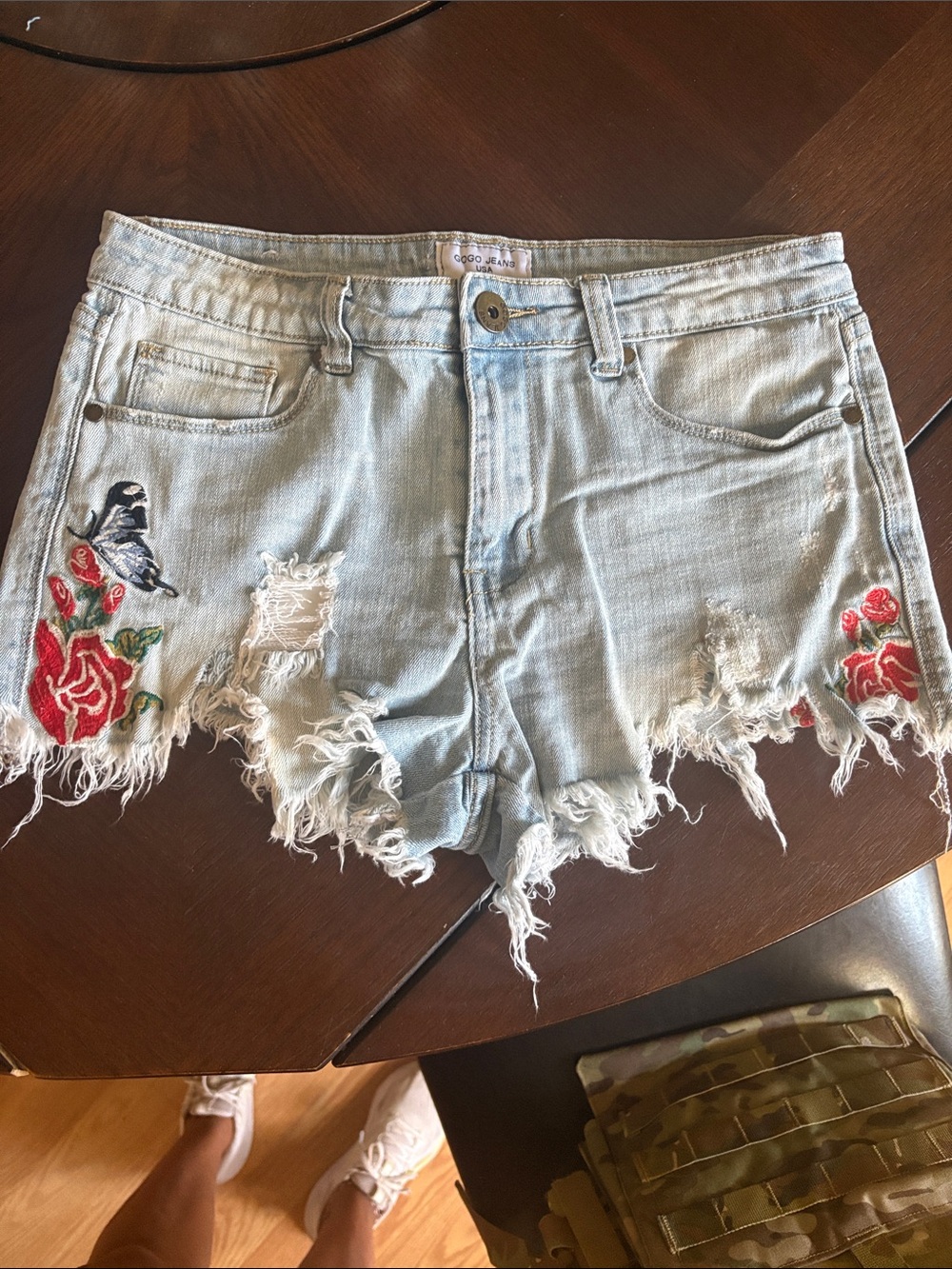 Embroidered Light Blue Distressed Denim Shorts